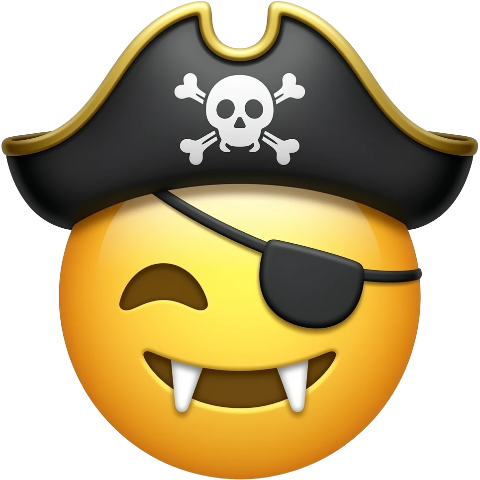 A yellow classic emoji but it's a smiling vampire with a pirate hat emoji