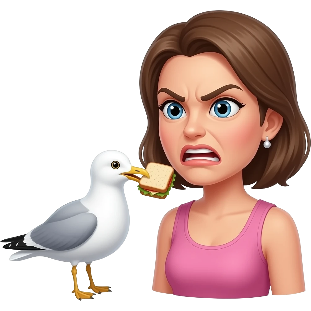 Seagull stealing a sandwich from an angry woman sitting on a bench emoji