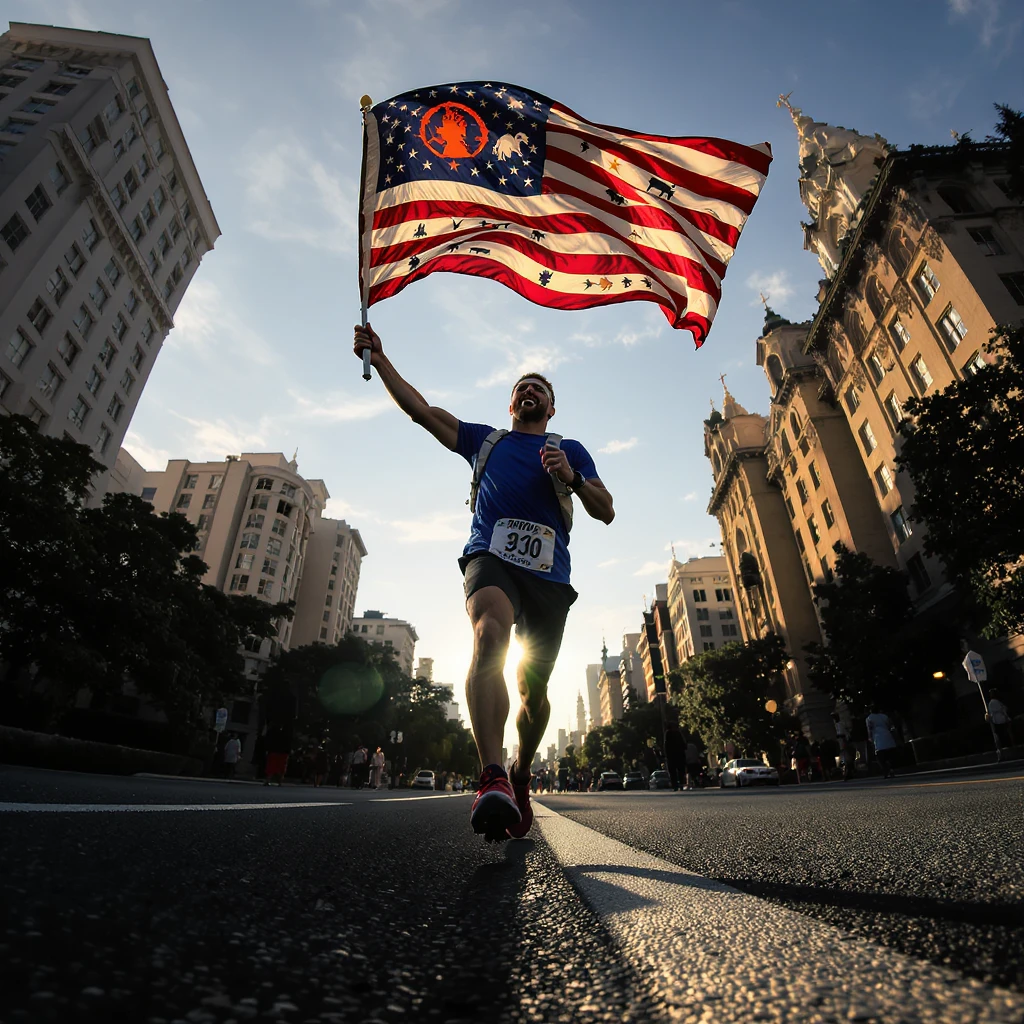 happy runner waving a flag of animals emoji