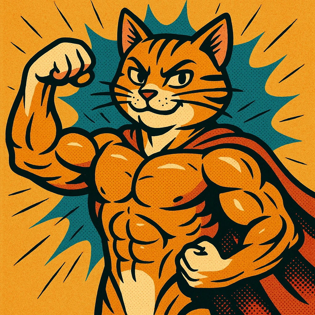 super cat flexing muscles with confident expression, cartoon style emoji