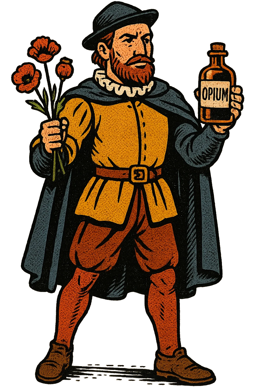 the full body of a tudor explorer sailor holding small poppies and an old medicine bottle with the word opium on it emoji