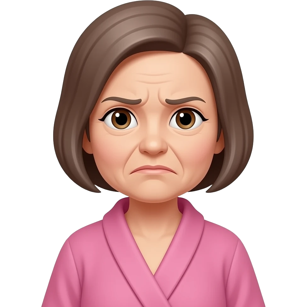 older woman with short brown hair with grey, wearing a pink bathrobe and a frown on her face emoji