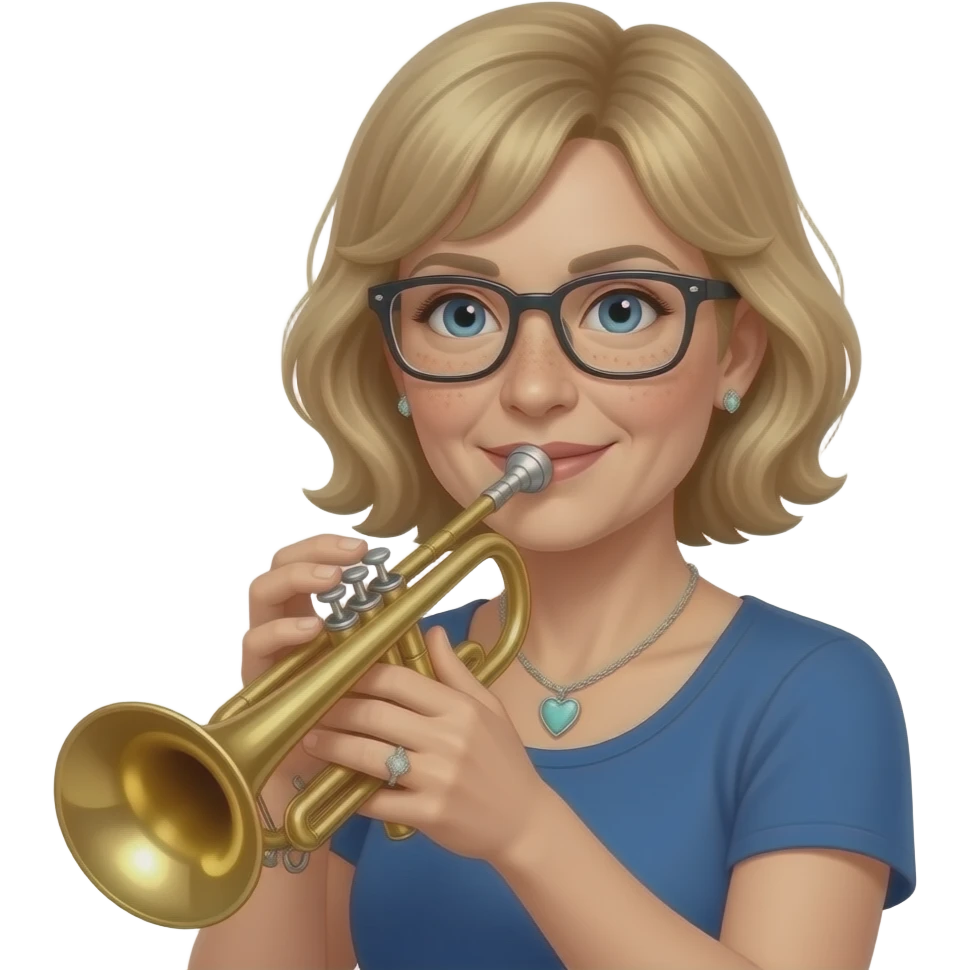 AJM - woman, mid 40's, strawberry blonde hair, blue eyes, diamond engagement ring, small silver earrings, rectangle glasses, freckles, tiffany heart necklace, hobby playing brass emoji