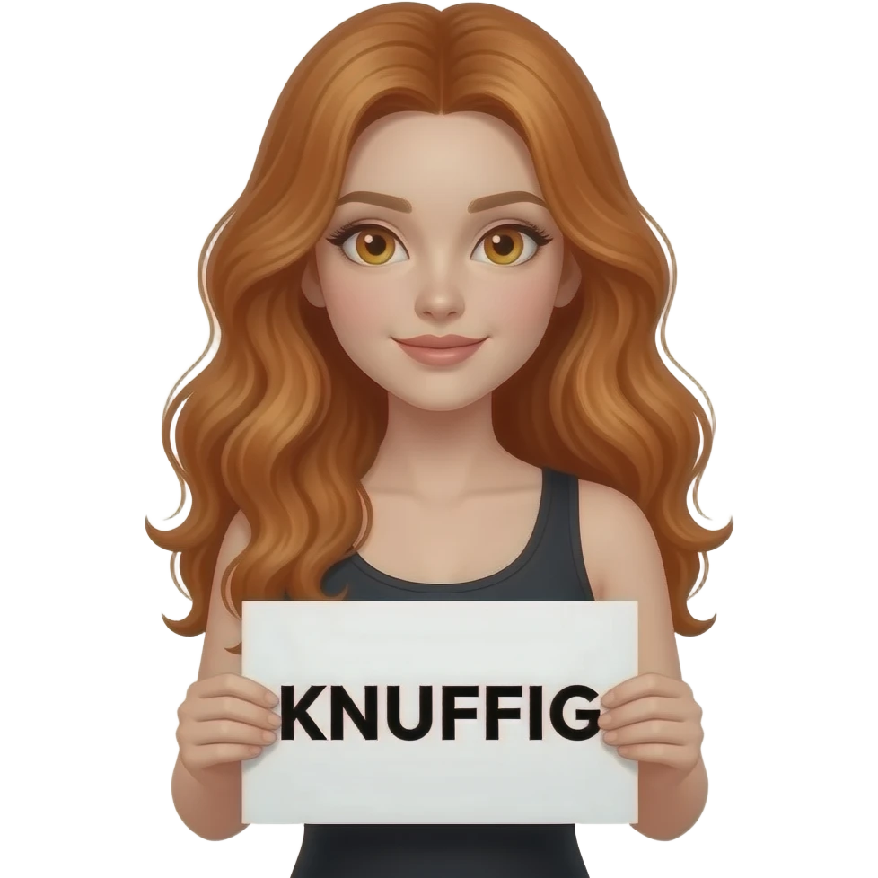 sexy girl with long wavy ginger hair and ginger eyes wearing a black tanktop is holding a white sign with KNUFFIG written on it emoji