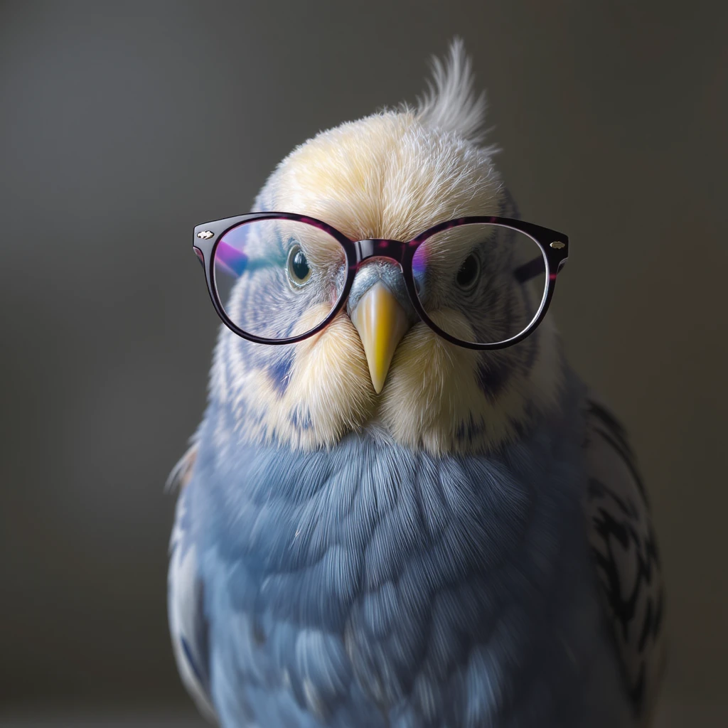 a realistic budgie with stylish glasses, detailed and lifelike emoji