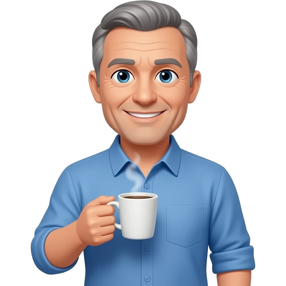 WHITE MAN IN HIS 50S with no facial hair WEARING A BLUE BUTTON UP HOLDING A CUP OF COFFEE emoji