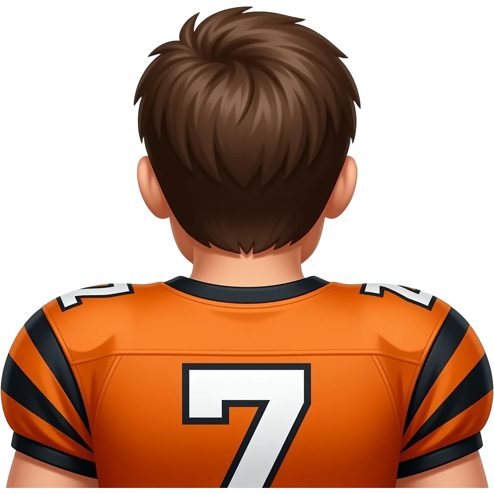 Make an American football player wearing the number 7 with orange and black. Make sure they have brown hair and is turned around so I don’t see there face emoji