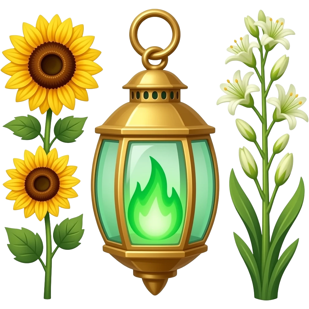 A golden hanging lantern with a bright emerald flames, an empty loop on top, fae themed sunflowers on the left and fully bloomed asphodels on the right as part of the design, but simple focus more on the green flames, paint the glass more green, have its bottom point come to some sort of point emoji
