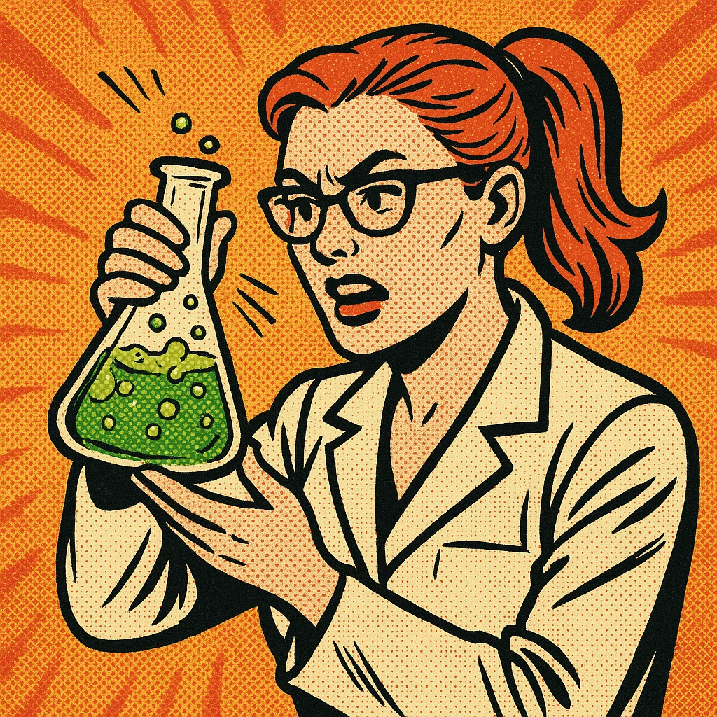 red-haired female chemistry professor wearing white lab coat and glasses, hair tied back, comic book style emoji