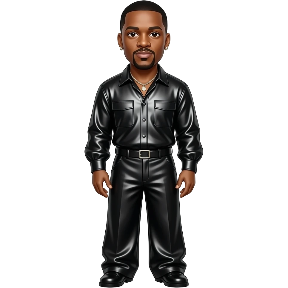Jay-Z with dark brown eyes, black hair, black metallic blouse, black metallic baggy wide leg pants, necklace and earrings emoji