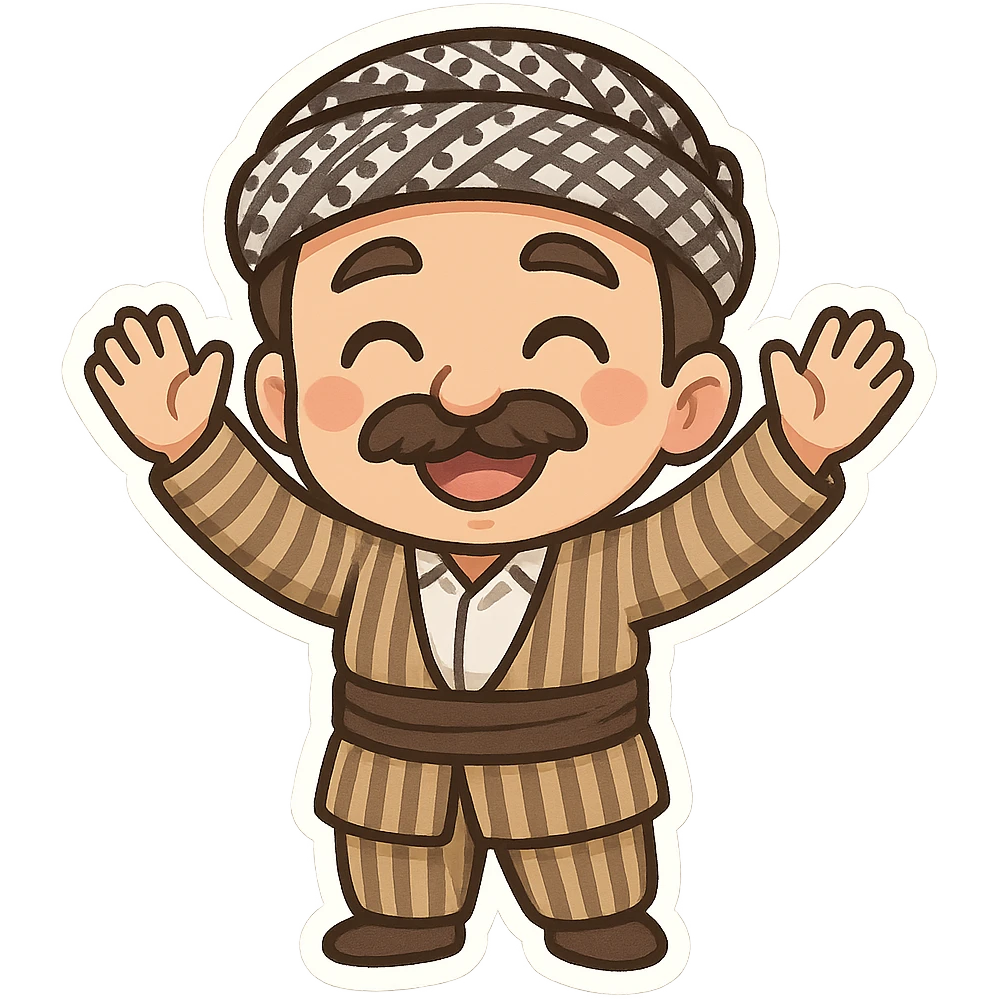 Kurdish man in traditional striped suit (jamadani), mustache, smiling and raising hands in celebration, cartoon style, sticker, no text emoji