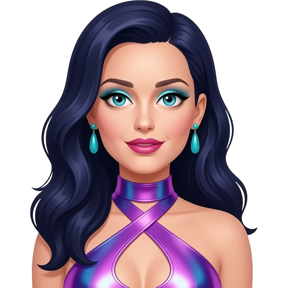 Katy Perry with Teal eyes, long dark indigo hair, cyan eyeshadow, hot lipstick, purple, blue and pink metallic halter dress, cyan earrings emoji