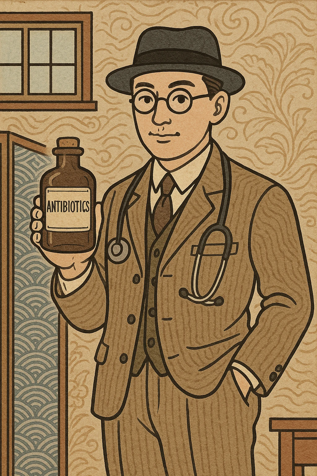 A 1920s doctor standing with a bottle of antibiotics emoji