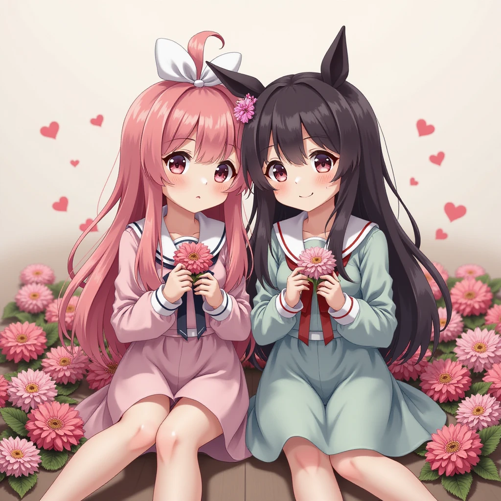 Kuromi and My Melody together, photorealistic style, sitting side by side, surrounded by real flowers emoji