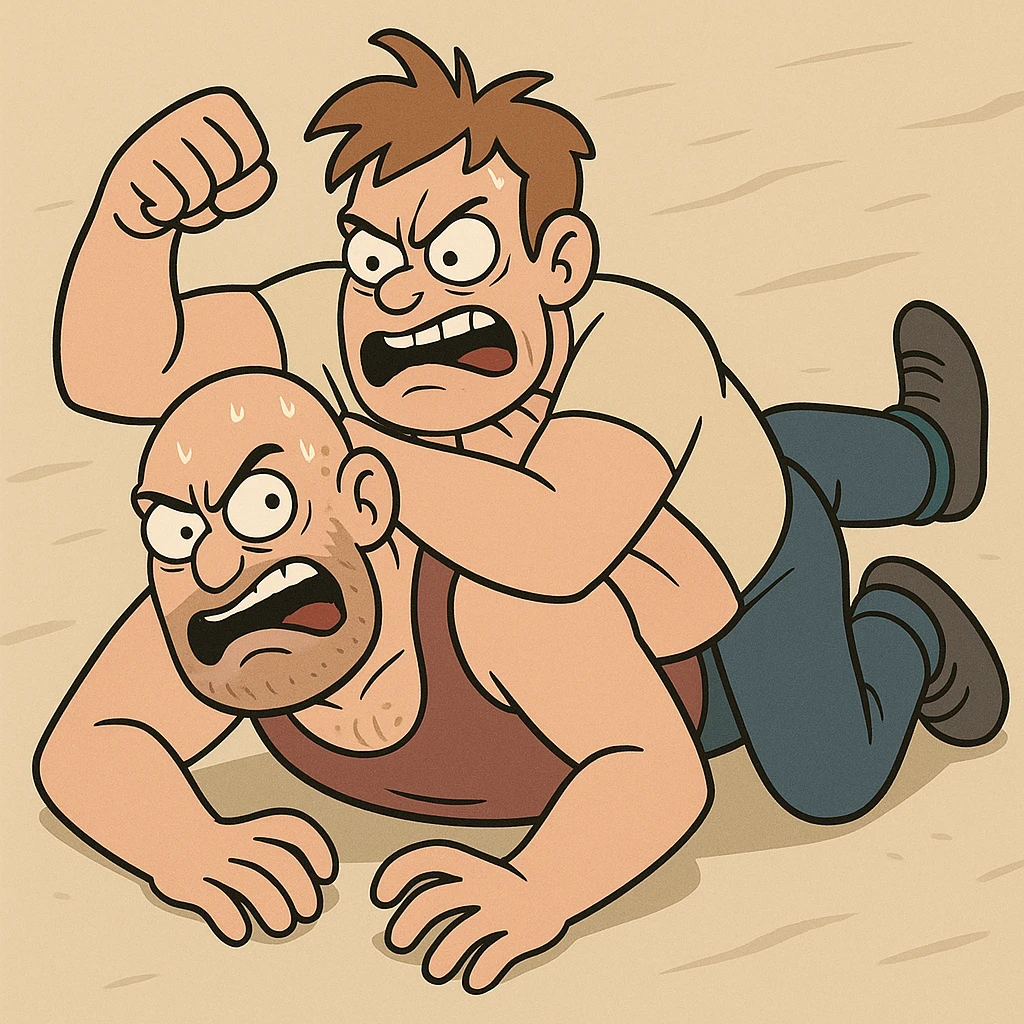 two characters wrestling, intense expressions, cartoon style emoji