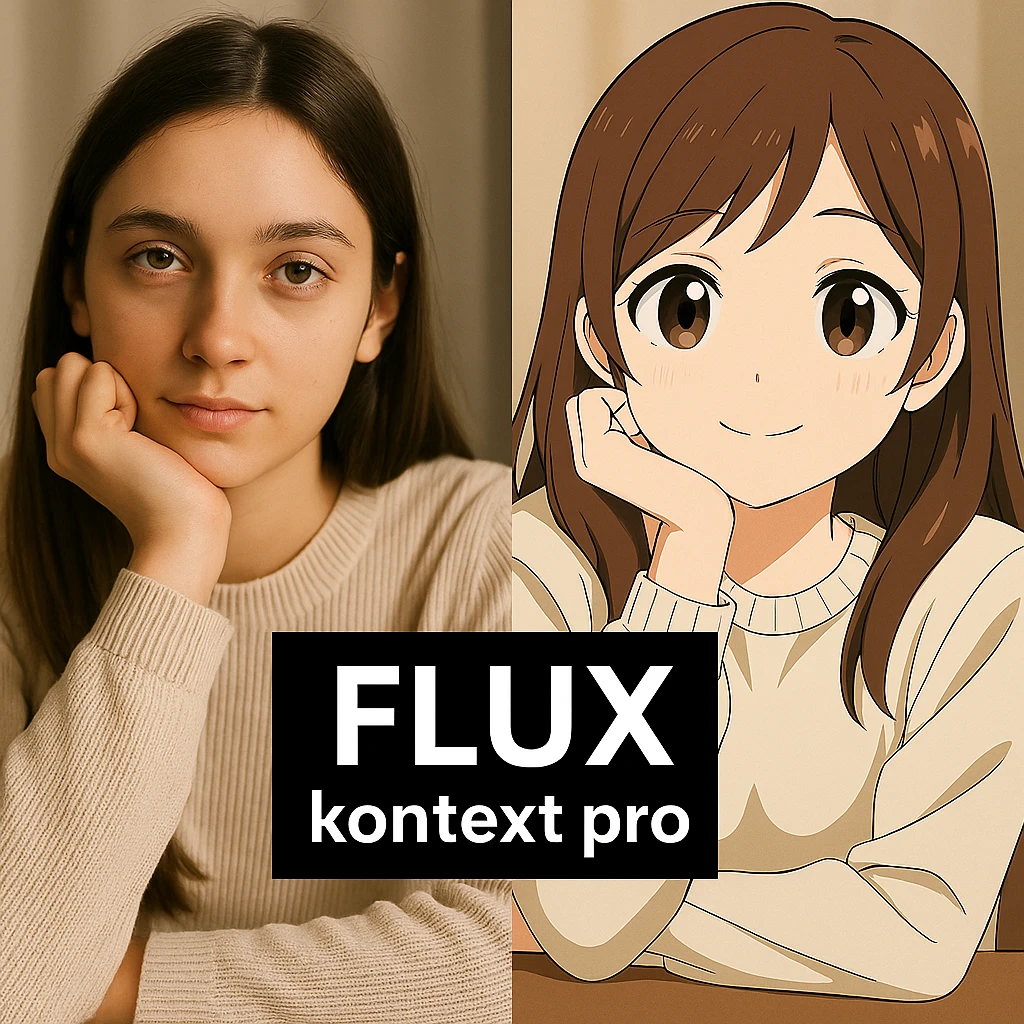 replace the logo with the text of "FLUX kontext pro", keep everything else same emoji