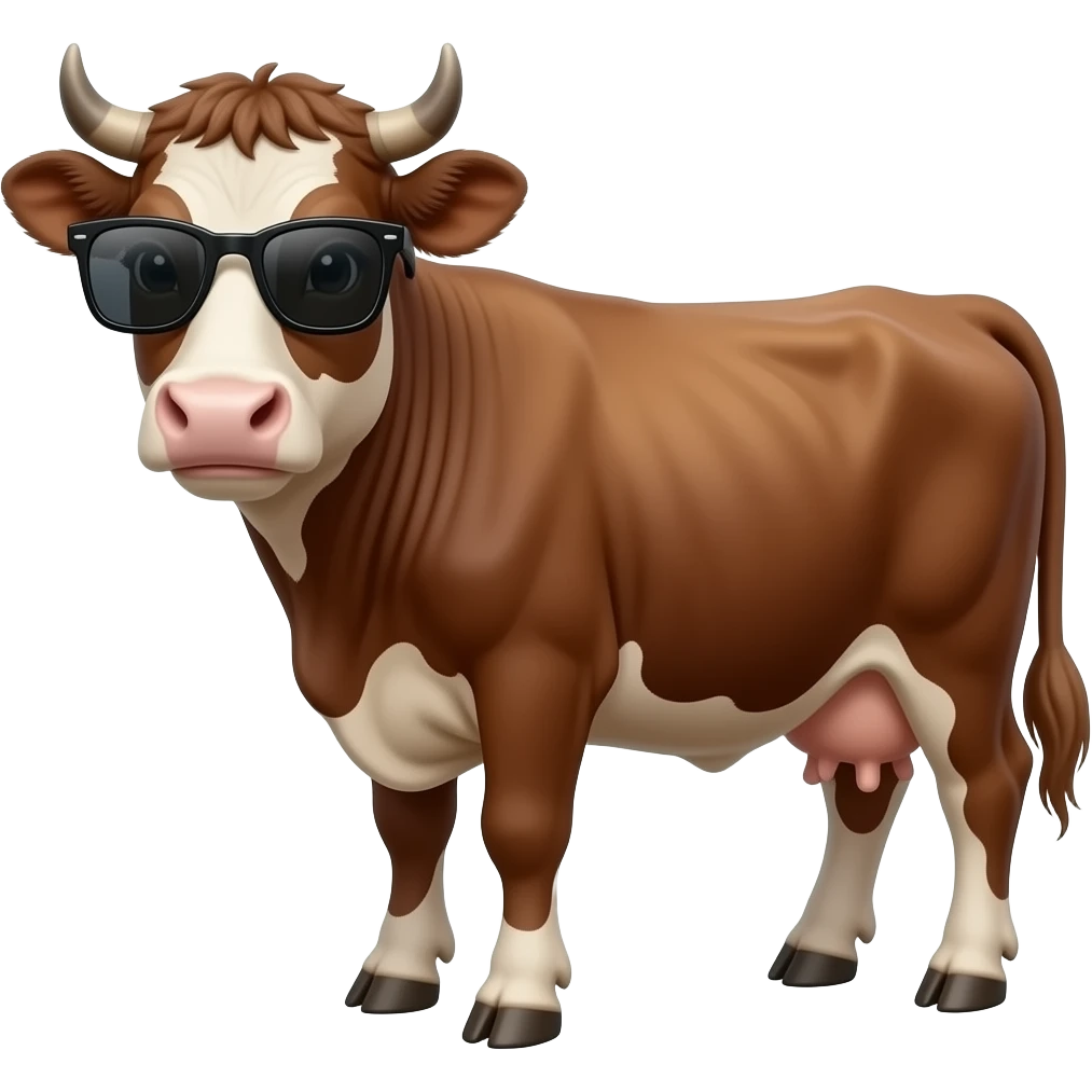 a whole body of brown wagyu cow but look at camera with a little smile but look cool and wear sunglasses and sprakle on left side of glasses emoji