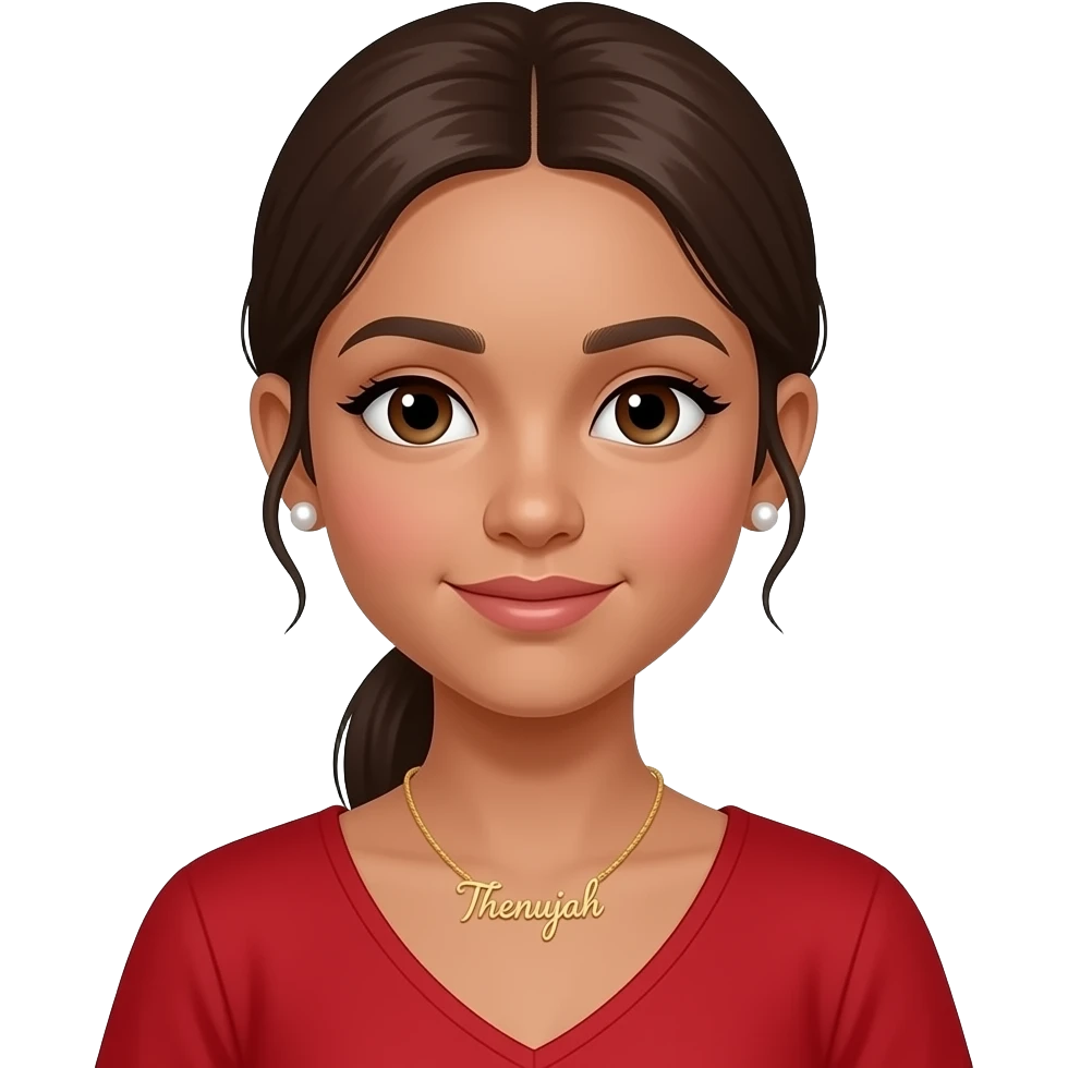 Make a girl that looks real and not 100% AI generated. A girl with light brown skin with low not highponytail in front She has pearl earrings and a necklace that says ‘Thenujah’ in cursive gold. She is skinny make her face a v shape. She is wearing red. She is 12 years oD emoji