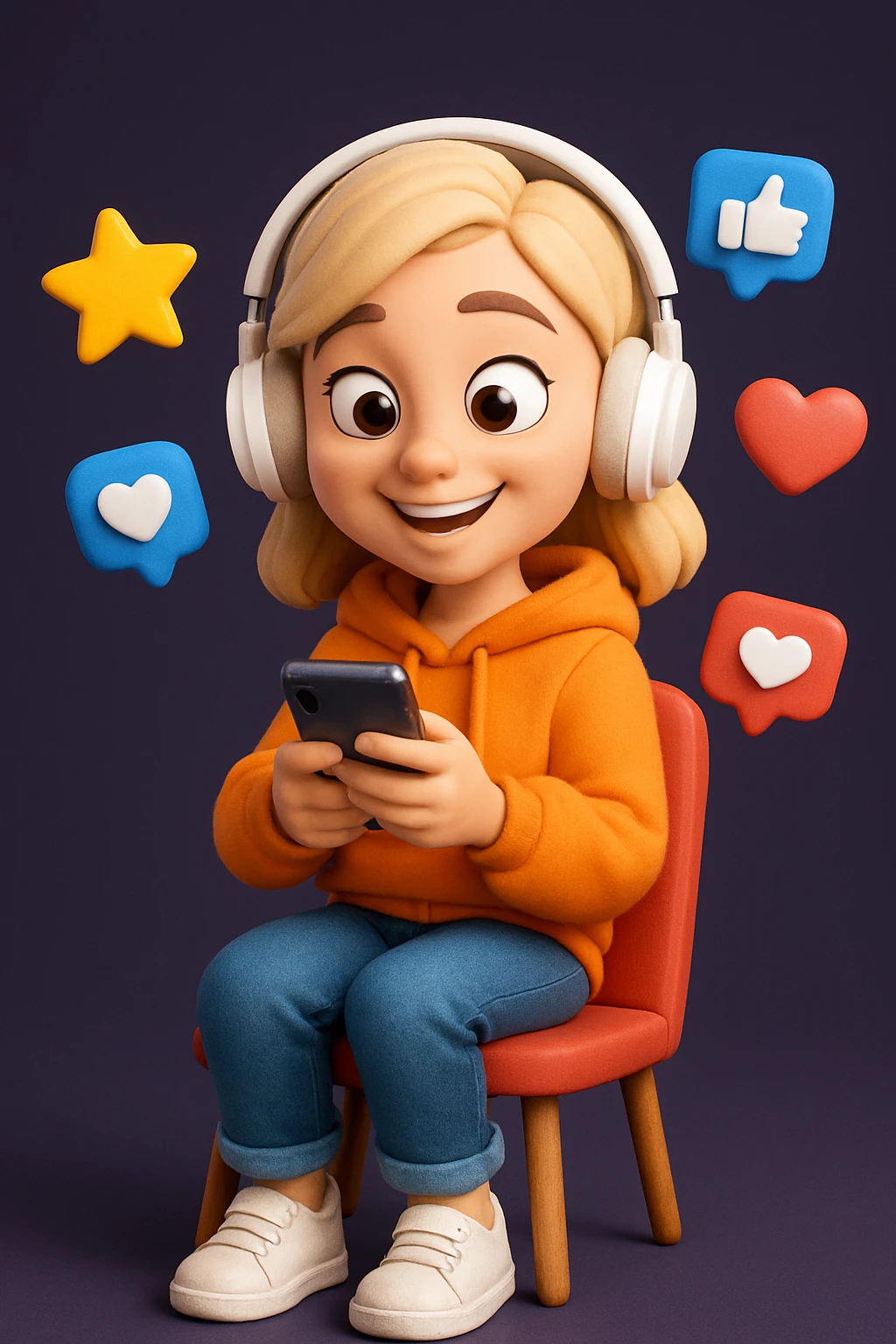 Create a detailed Generation Z girl character in a cartoonish 3D style with a happy expression, wearing an orange hoodie, sitting on a red chair, holding a smartphone in her hands and surrounded by floating icons of stars, likes and hearts.
The character should have stylised light hair, large expressive eyes, white on-ear headphones and a soft, expressive Pixar-style look.
Depict the character in full, centred in the frame, with even studio lighting, soft shadows
and a clean dark purple background for contrast. emoji