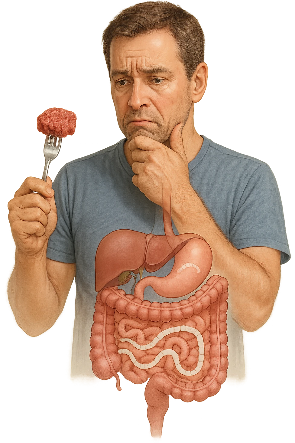 A realistic, high-quality medical illustration showing a concerned man in his early 40s holding a piece of raw beef tartare on a fork, looking at it with a worried expression. Behind him, a transparent overlay of his digestive system reveals the presence of Taenia saginata (beef tapeworm), depicted as a long, segmented white worm inside his intestines, symbolizing the infection. The environment is a kitchen with bright but neutral lighting, creating a serious educational tone. Subtle anatomical highlights and clean medical graphics convey the concept of parasite transmission through undercooked beef, emphasizing food safety and health awareness. emoji
