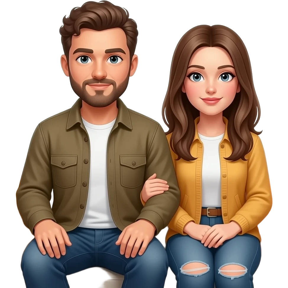 Realistic white man brown super short curly hair with beard being cozy with realistic white woman brown long straight hair on couch autumn emoji