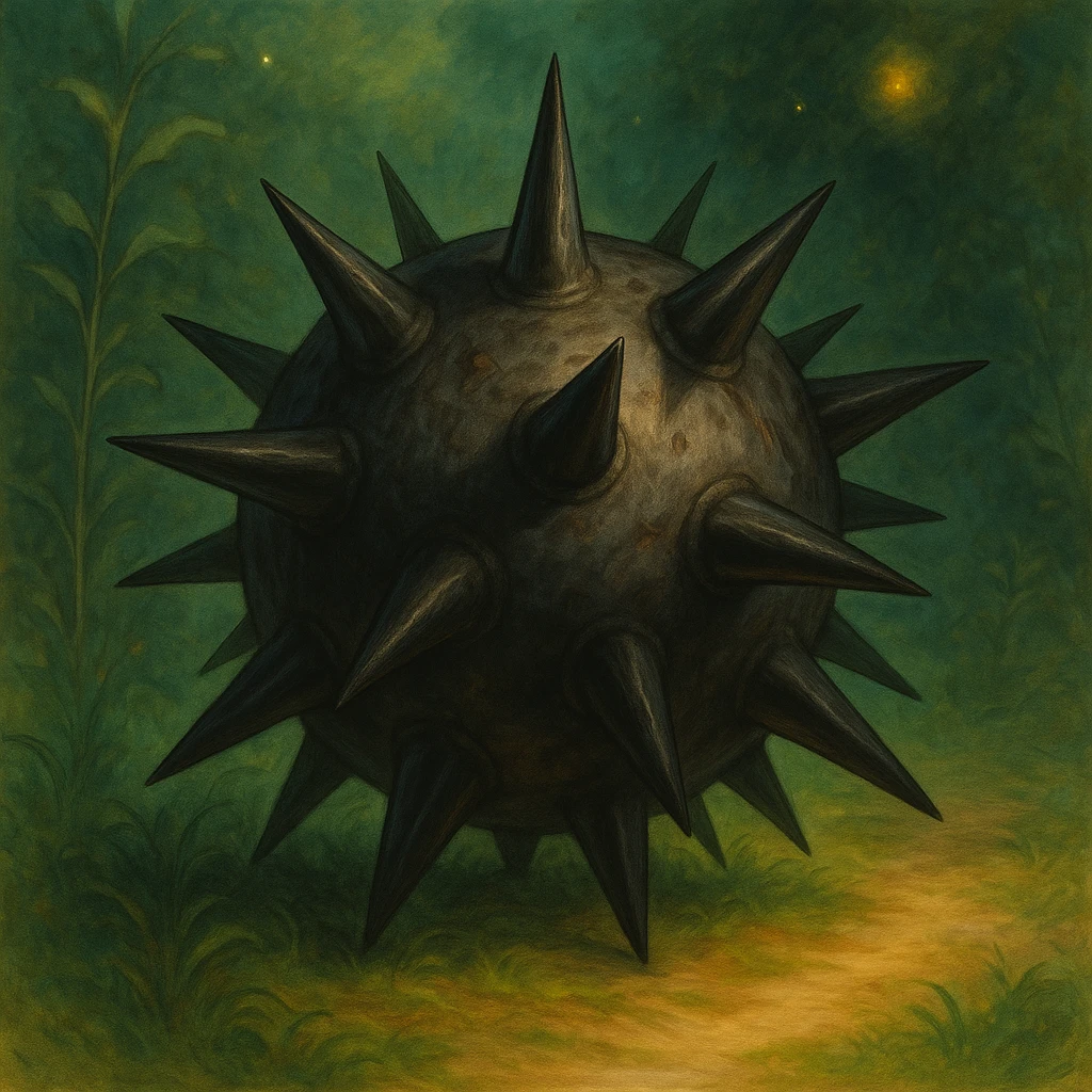 Make the spiked ball look more dangerous with sharper, longer spikes, darker shading, and menacing whimsical details in ghibli style. emoji