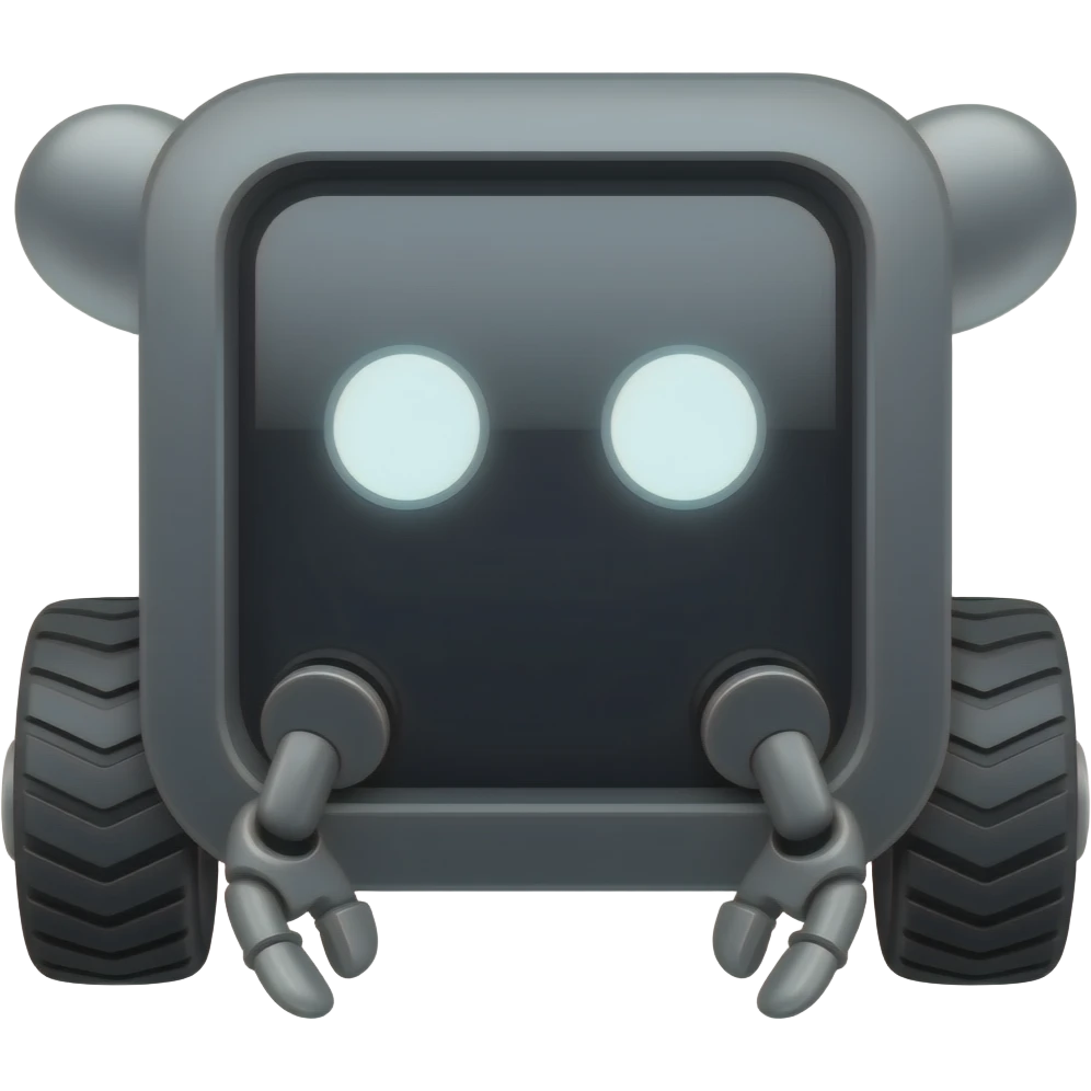 Dark grey solid square with 6 wheels and a display shows a white robot eyes emoji
