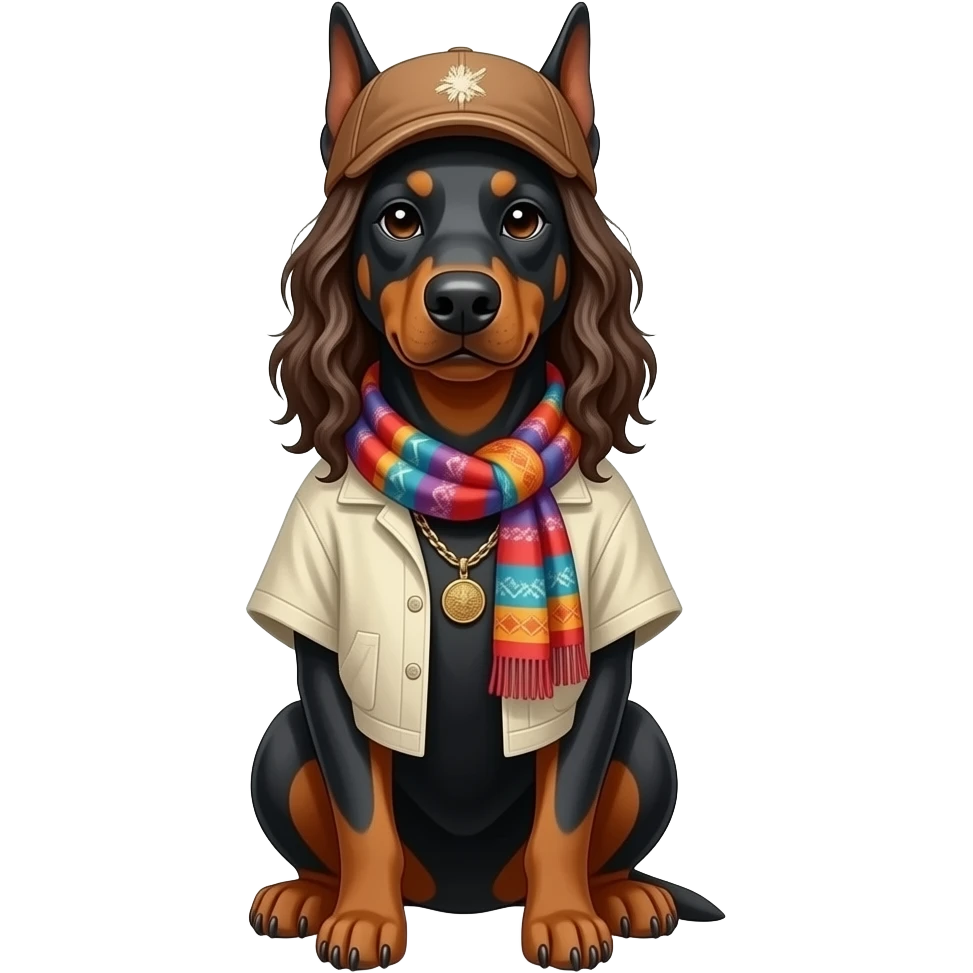 hippy doberman with loose hippy clothes, scarf, cap, front facing emoji