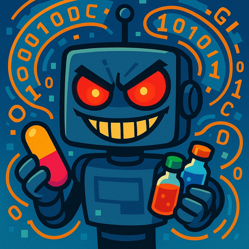 an evil AI character with a mischievous grin, glowing red eyes, surrounded by swirling digital code, holding colorful pills and vials, vibrant cartoon style emoji
