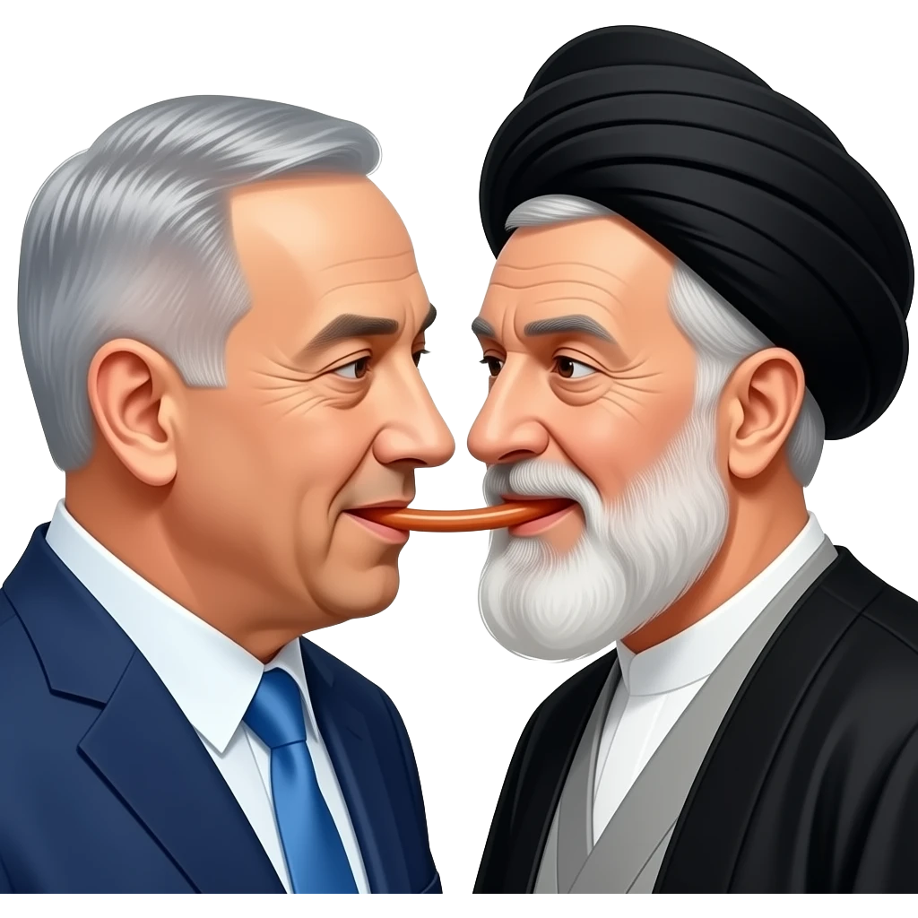 benjamin netanyahu meets ali khameni the ayatollah and they bite eachothers jaw emoji