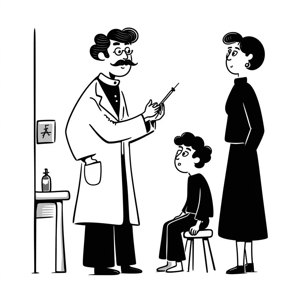 A Victorian doctor giving a young poor boy a vaccination with the boy's mother in the background looking worried emoji