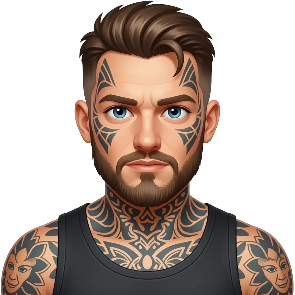 Homem tatuado, pele clara, cabelo castanho, tatuagens no rosto, mais visíveis; homem corpulento com emoji