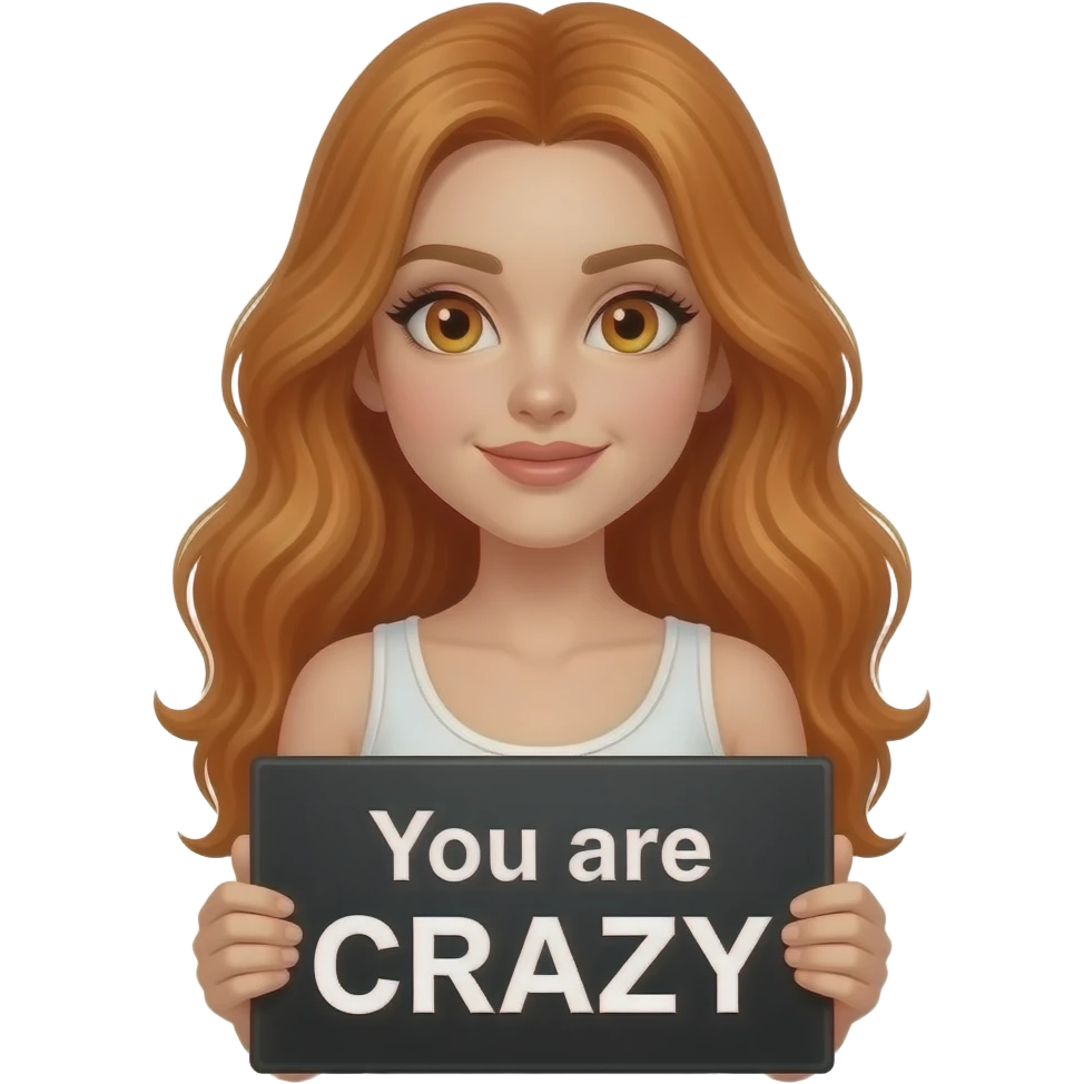 sexy girl with long wavy ginger hair and ginger eyes wearing a white tanktop is holding a black colored sign with You are CRAZY written on it emoji