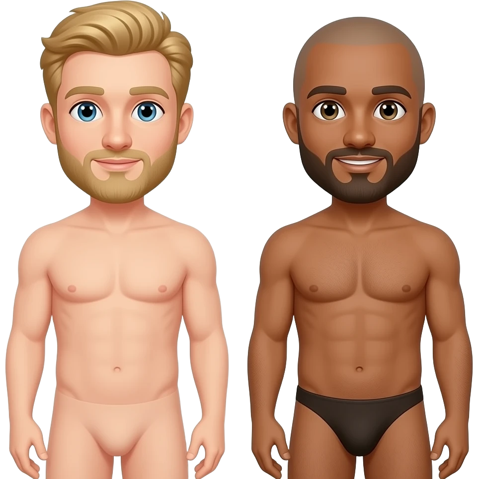 naked gay sex position with Two men standing next to each other. The first is a young man with blond hair and a blond beard. The second is a man with a shaved head and a dark brown beard. Friendly appearance, natural posture, clean cartoon illustration style, simple shapes and bold outlines. emoji