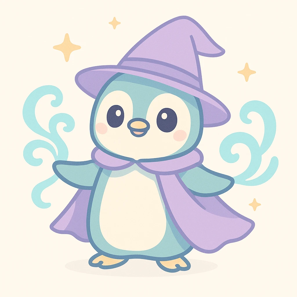 heroic penguin wizard with a flowing cape, icy blue magic swirling from its flippers, brave and magical emoji