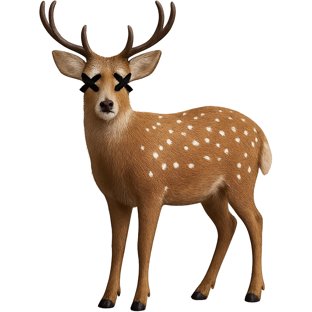 Add cartoon X's to the eyes, matching the style and position of the X's on the deer. Make sure all X's are identical and keep the background transparent. Do not change anything else. emoji