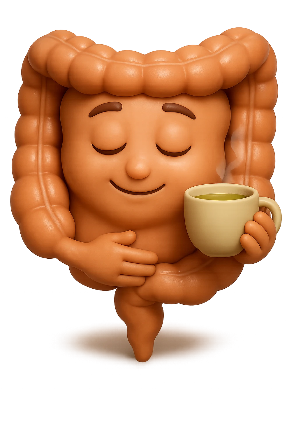 emoji stile iphone 3d di intestino umano sereno che si tocca la pancia mentre sorseggia un thè alle erbe, iperrealistico 4k emoji