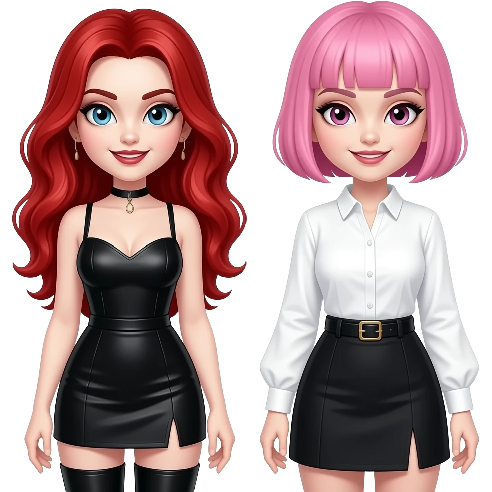 Vampiro femmina  con capelli lunghi rosso fuoco ondulati con pelle bianca che indossa degli stivali stretti lunghi, neri e con il tacco una gonna corta nera e una camicetta con le maniche lunghe bianca con una sua amica vampiro FEMMINA che ha i capelli con la frangia corti e rosa emoji