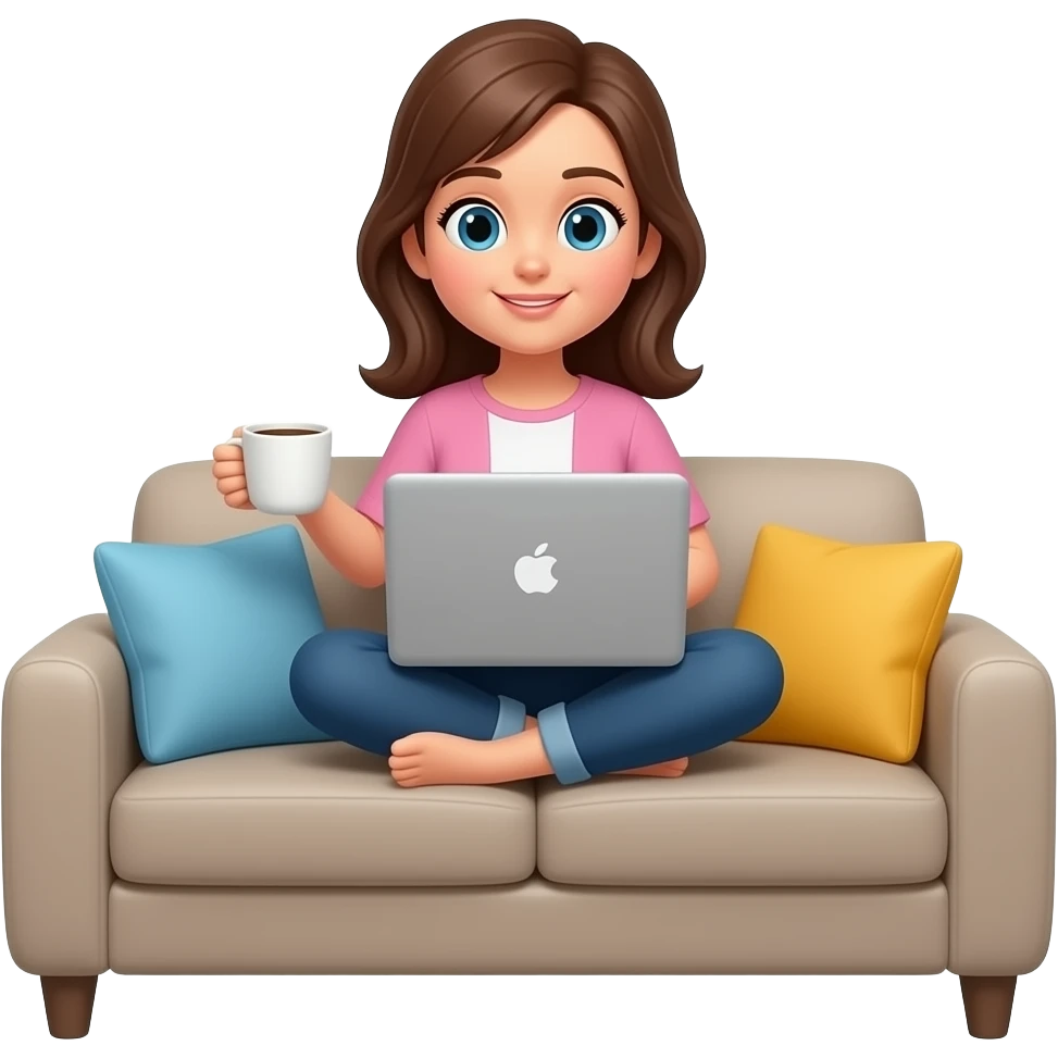 working from home in the sofa female computer and cup of coffoe emoji