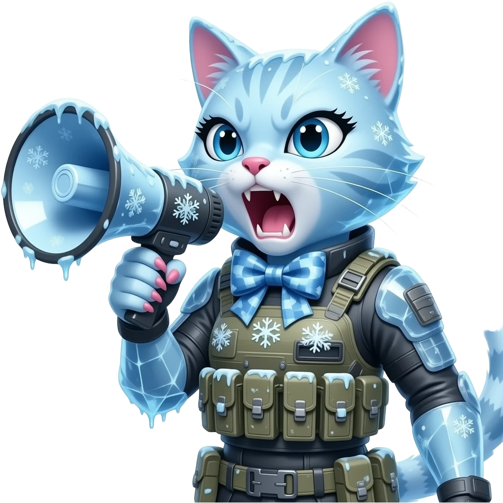 a sleek pretty female really furious angry snarling cat  made from ice snow & snowflakes and covered from frost. the cat is wearing a bow, frost-covered modern warfare gear & using a megaphone to yell. the cat has long eyelashes & pink claws & furious expression emoji