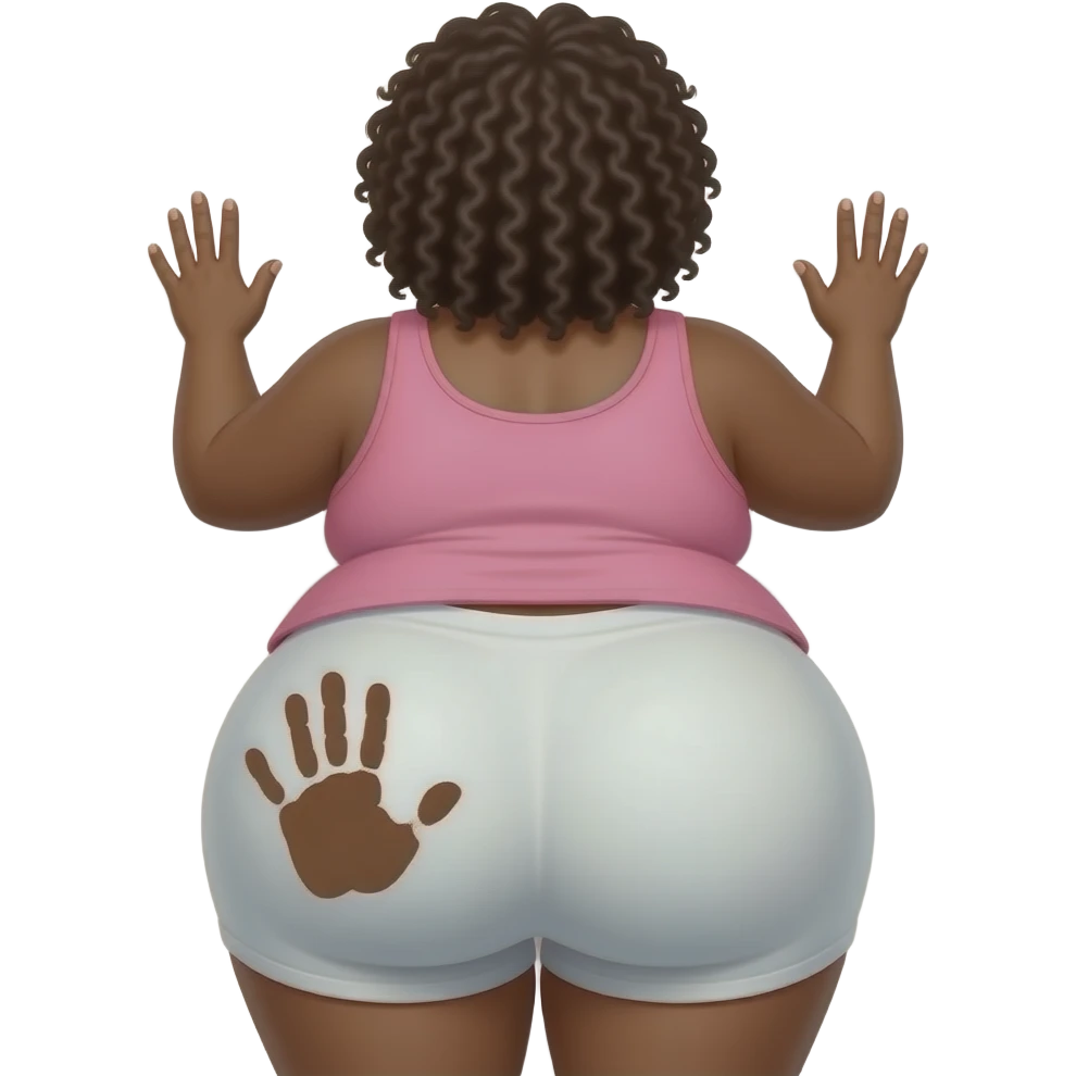 A extremely fat pink and white big booty African showing back her buttocks with putting her hands behind the wall with a brown colored hand print on her left buttocks emoji