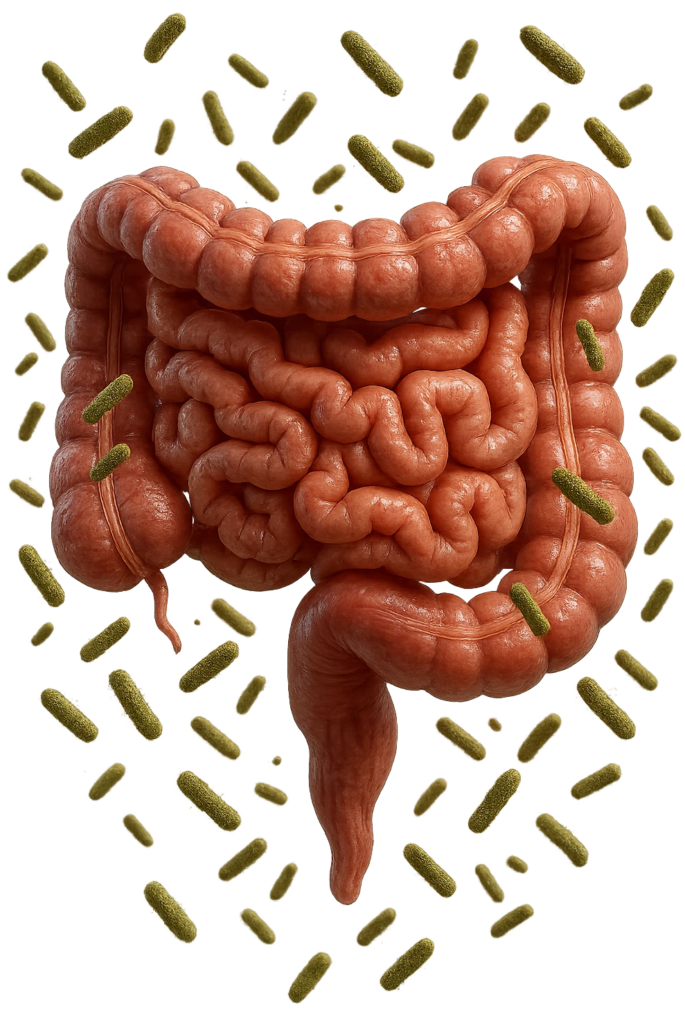 intestino umano anatomico con batteri intestinali che gli fluttuano intorno, iperrealistico 4k emoji