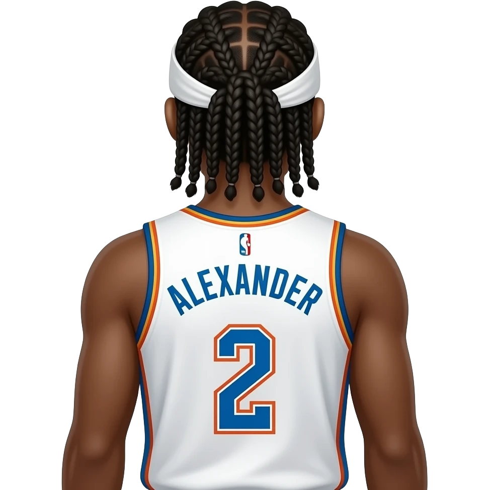 just make it sga from okc thunder from the back with his braids and a headband also with only the number 2 on the back and his name above the number make the last name say Alexander and make it bubble braids make him in a okc jersey emoji