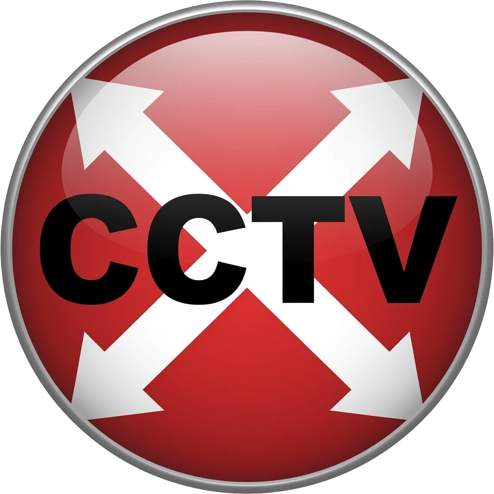 Red filled circle with white X and arrow on all end points on the X. Big CCTV word in the centre in black emoji