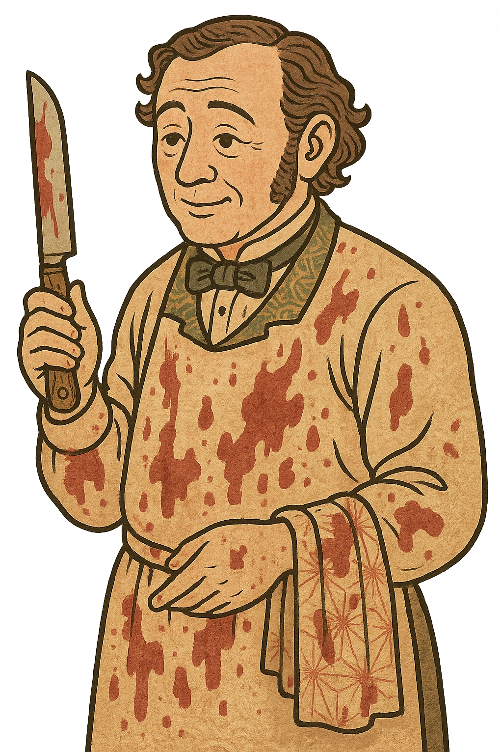 A victorian surgeon with a knife and bloody clothing with a caring face emoji