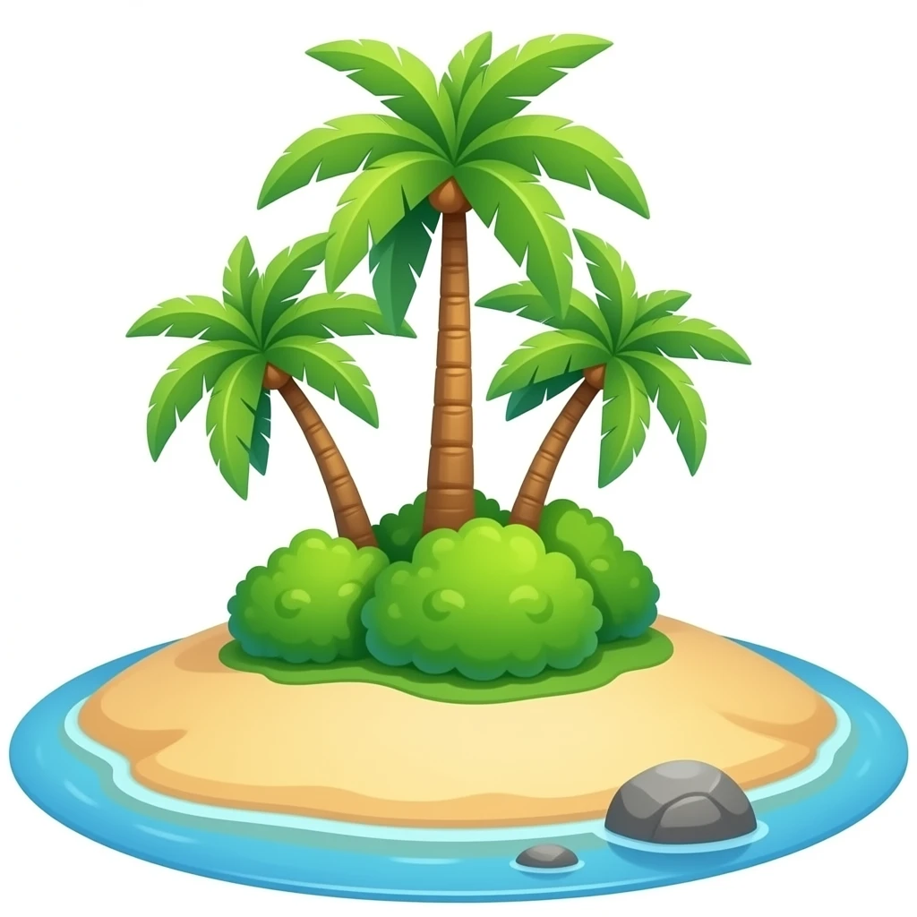 Island, sand island base, with green bushes on top, and three palm trees in the middle of the oceanIsland, sand island base, with green bushes on top, and three palm trees in the middle of the ocean, with no rocks, just sand emoji