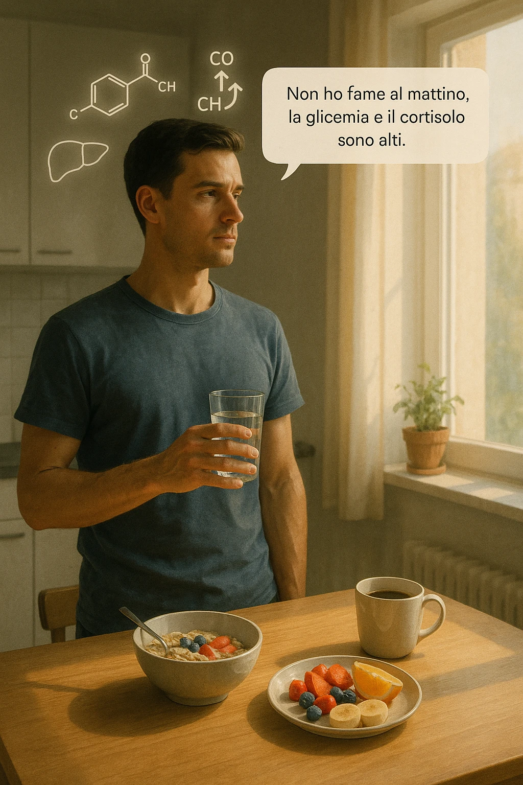 A realistic, cinematic illustration of a man in his early 30s with a lean, healthy build, standing calmly in a bright, minimal kitchen in the early morning. On the kitchen table, there is a prepared but untouched healthy breakfast (oatmeal, fruit, coffee). The man, with a neutral and focused expression, holds a glass of water while looking out of the window where morning sunlight enters. Above him, subtle glowing medical icons display: a glucose molecule, a cortisol hormone symbol, and a liver icon, indicating high morning blood sugar and cortisol levels. A small speech bubble or text overlay says: ‘Non ho fame al mattino, la glicemia e il cortisolo sono alti.’ The scene conveys a sense of calm, clarity, and body awareness, showing that the man consciously avoids breakfast due to physiological signals rather than restrizione. The style is realistic, warm, with a slight film grain, emphasizing health and conscious self-regulation. emoji