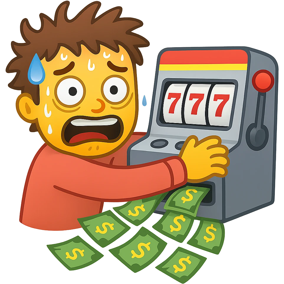 Make the frantic gambler look even more desperate with wild eyes, frantic expression, sweating, clutching the slot machine, money pouring out. Style: apple emoji style. emoji