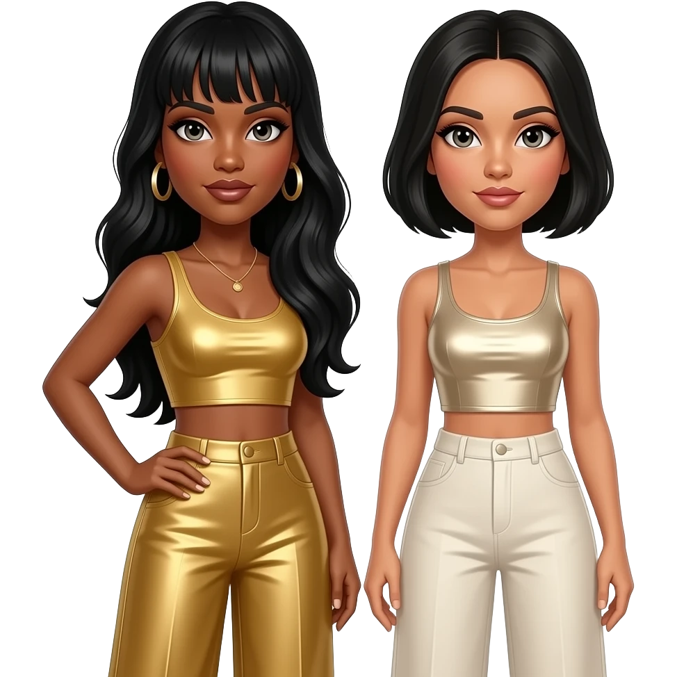 Destiny's Child with LeToya with long black hair with bang, gold crop top and wide leg pants, Kelly with short black hair, ivory metallic crop top and wide leg pants emoji