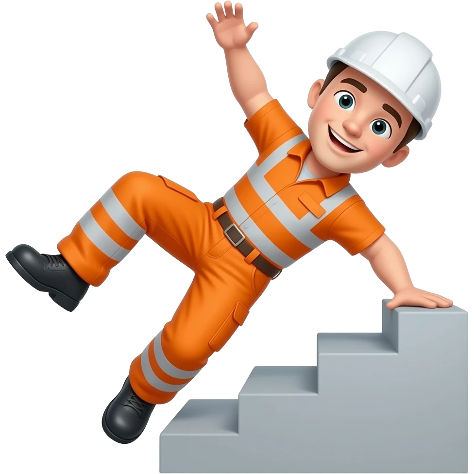 engineer in full orange hi-vis overalls falling down stairs emoji